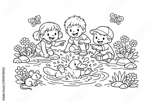 Children enjoying a sunny pond, watching a platypus splash in the water, smiling and pointing, flowers, friendly butterflies, and