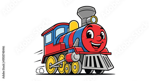 Smiling Red Blue Cartoon Train Moving Fast Isolated on White Background Vector Illustration
