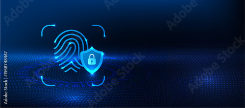 Biometric protection concept with fingerprint scan and secure shield icon on blue technology background. Cybersecurity system for identity verification, access control and digital data protection.