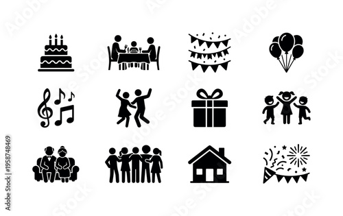 Collection of icons representing various aspects of family celebrations and gatherings