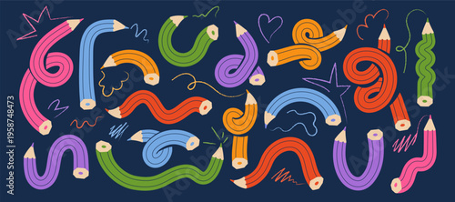 Playful set of hand drawn colorful pencils bent into dynamic curves with expressive doodle lines. Bright, whimsical composition on a dark background, ideal for education designs, kids projects, poster