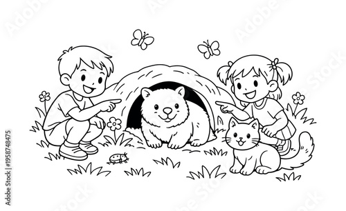 Children exploring a sunny meadow with a wombat near its burrow, smiling and pointing, grass, butterflies, and a friendly cat