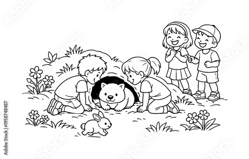 Flamingo pose scene with kids kneeling and observing a flamingo balancing on one leg, friends laughing nearby, lily pads, flowers