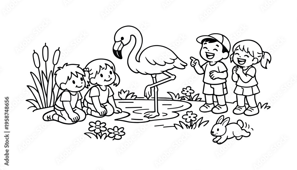 Fototapeta premium Flamingo pose scene with kids kneeling and observing a flamingo, friends laughing nearby, pond reeds, flowers, and a tiny rabbit