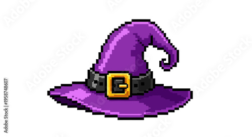 Pixel Art Purple Witch Hat with Golden Buckle.