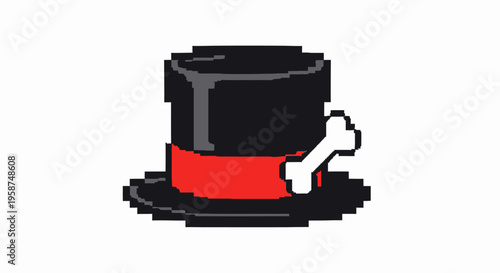 Pixel Art Black Top Hat with Red Band and Bone.