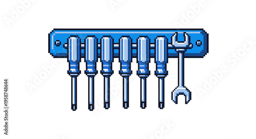 Set of screwdrivers and wrench on a blue holder.