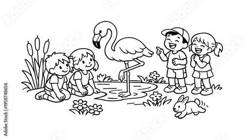 Flamingo pose scene with kids kneeling and observing a flamingo, friends laughing nearby, pond reeds, flowers, and a tiny rabbit