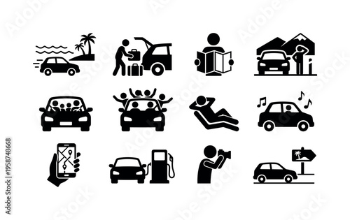 Collection of icons representing various aspects of family road trips and travel adventures
