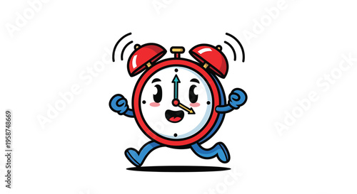 Red Alarm Clock Character Running and Ringing Happily, Cartoon Illustration Isolated on White.