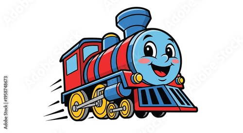Cartoon Train Illustration, Happy Cute Character Moving Fast Isolated on White Background