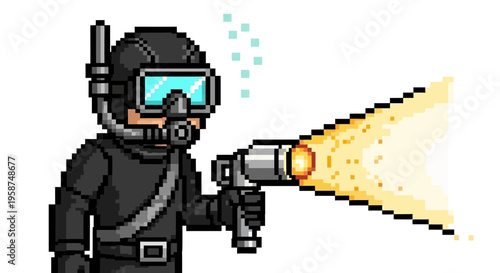 Pixelated Diver Holding Illuminated Underwater Torch.