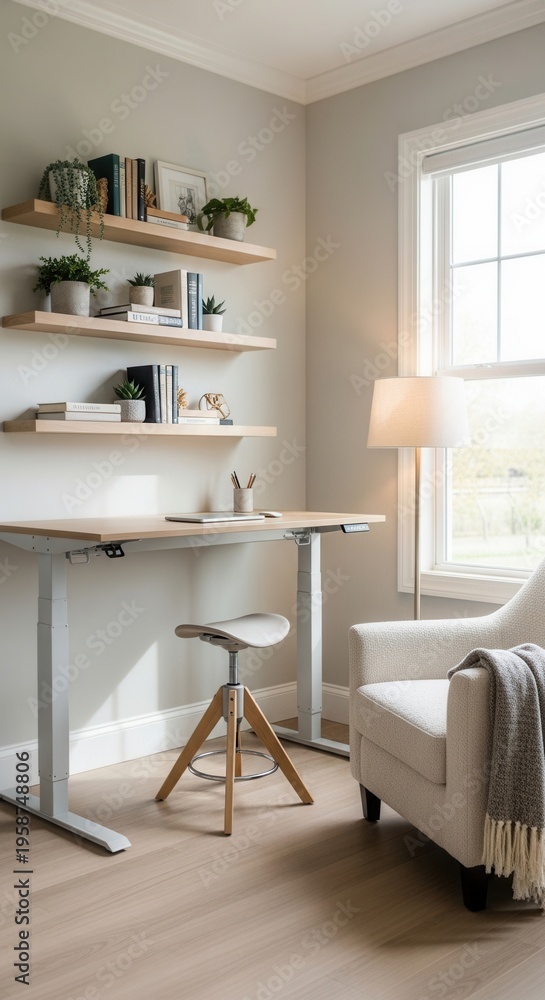 Fototapeta premium Modern Home Office Setup With Adjustable Desk And Cozy Chair