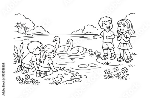 Swan lake scene with kids kneeling by the water, observing swans swimming elegantly, friends laughing nearby, small plants,