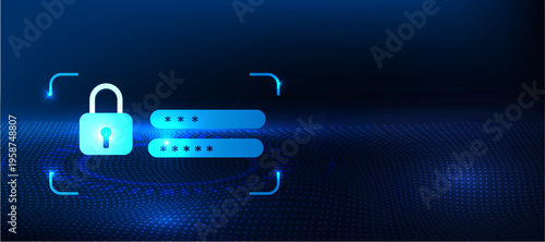Password lock security concept with secure lock and login protection icon on blue technology background. Cybersecurity system for password authentication, user access control and digital data protecti
