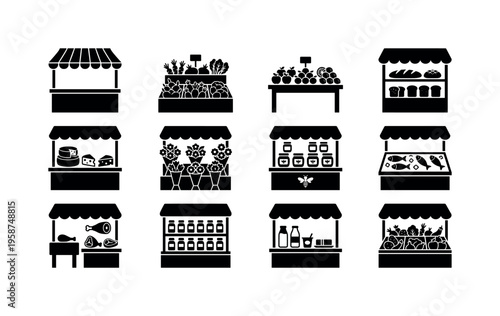 Collection of diverse market stall icons representing various food and goods
