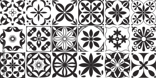 Interior Spanish Tiles Vector Set, Kitchen Mosaic Portuguese Motifs with Mediterranean Mexican Floral Patterns, Black Decorative Tile Design for Interior, Wall Decor, Flooring and Ceramic Pattern