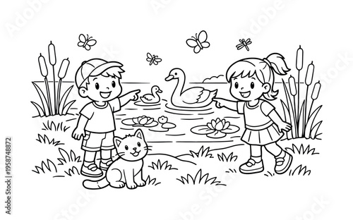 Children exploring a sunny lakeside with swans gliding on the water, smiling and pointing, reeds, water plants, butterflies, and