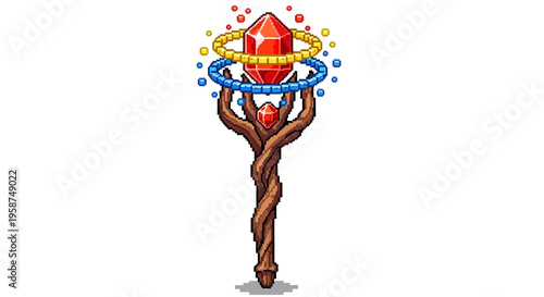 Mystical Crystal Staff with Ornate Twisting Wood and Glowing Rings.