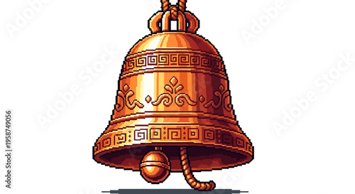 Ornate Bronze Bell with Decorative Engravings and Clapper.
