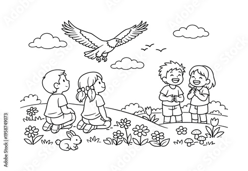 Eagle soar scene with kids kneeling and observing an eagle gliding above, friends laughing nearby, flowers, small plants, and a