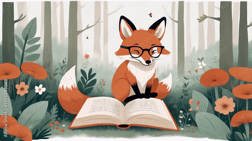 Fototapeta premium Cute Fluffy Red Fox Reading Book Flat Art Illustration