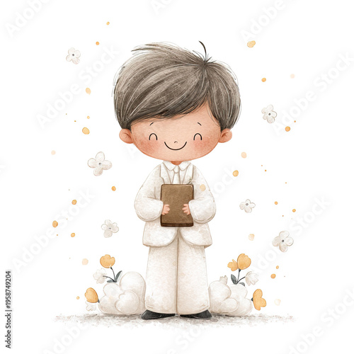 A young boy in a white suit holds a book while standing among flowers. The boy smiles happily as he celebrates his communion. This illustration shows a joyful moment in a special event