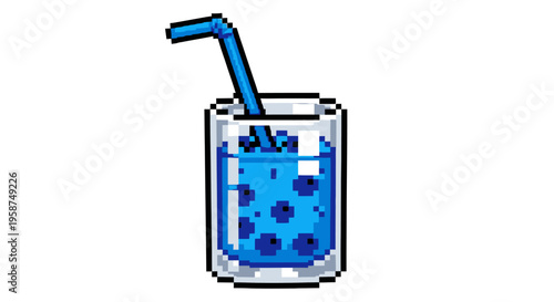 Pixel Art Blue Drink with Straw and Berries.