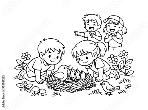 Songbird nest scene with kids kneeling and observing a songbird in a nest, friends laughing nearby, small plants, flowers, and a