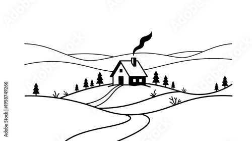 Serene Cottage on Hilltop: An idyllic black and white sketch depicts a quaint cottage perched atop a gentle hill, smoke gently curling from the chimney, inviting a sense of peace and simplicity.