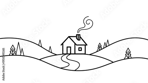 Cozy Cottage in a Serene Landscape: A minimalist illustration of a charming cottage nestled in a rolling landscape, smoke gently curling from the chimney, inviting a sense of peace and warmth.