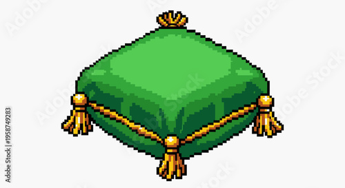 Green Royal Cushion with Golden Tassels Isometric View.