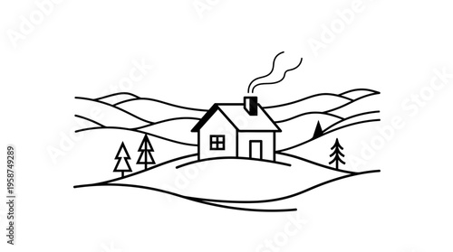 Cozy Cottage Serenity: A simple yet inviting line drawing of a charming cottage nestled peacefully within rolling hills. evoking a sense of tranquility. 