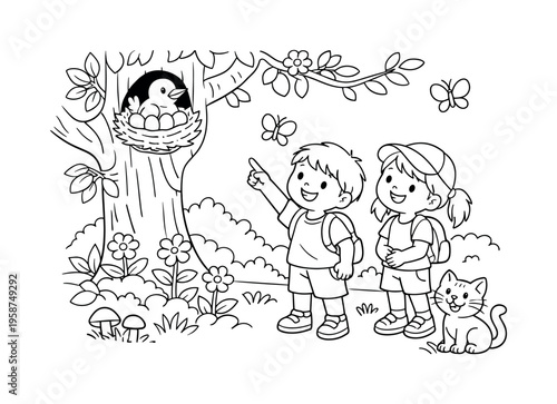 Children exploring a sunny forest with a songbird nesting in a tree, smiling and pointing, branches, flowers, butterflies, and a