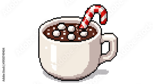 Pixel Art Hot Chocolate with Marshmallows and Candy Cane.