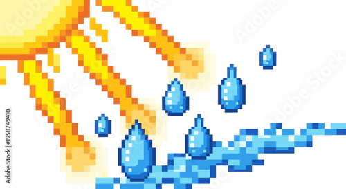 Pixel Art Sun Shining on Falling Rain Drops.