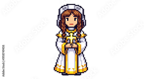 Pixel Art Cleric Holding Golden Cross in White Robes.