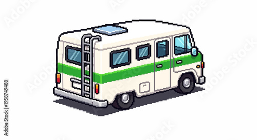 Pixel Art RV Camper Van with Ladder and Green Stripe.