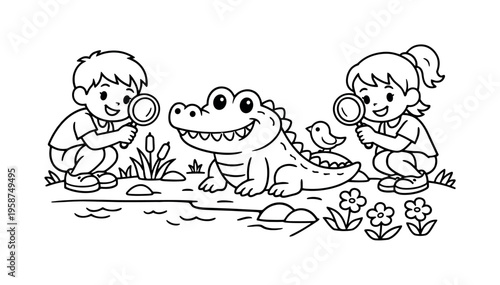 Alligator grin with kids holding magnifying glasses, observing a smiling alligator by the water, small plants, flowers, and a