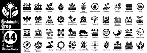Sustainable crop solid icons set. Featuring agriculture farming techniques, organic growth, environmental protection, nature conservation, and plant science vector illustration.