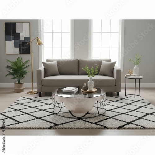 Modern Living Room Interior With Contemporary Furniture And Geometric Rug
