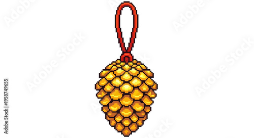 Golden Pinecone Christmas Ornament with Red Ribbon Hanger.