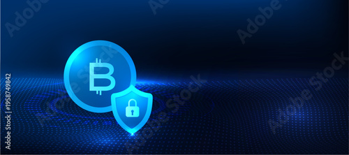 Cryptocurrency security concept with digital coin and shield lock icon on blue technology background. Blockchain system for secure transactions, data protection and digital finance security.