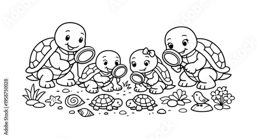 Turtle family with kids holding magnifying glasses, observing turtles walking slowly, shells, sand plants, flowers, and a tiny