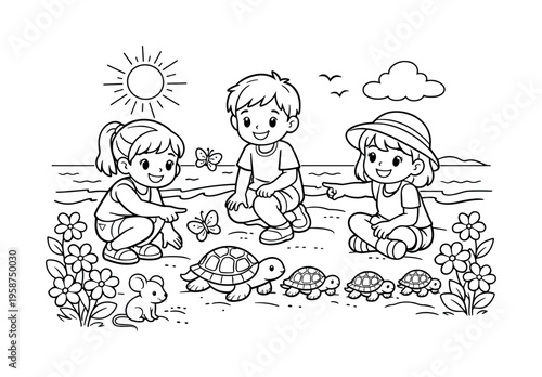 Children enjoying a sunny beach scene, watching a turtle family move along, smiling and pointing, flowers, friendly butterflies,
