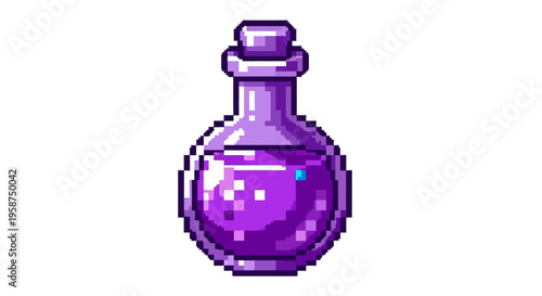 Pixel Art Purple Potion Bottle Icon.