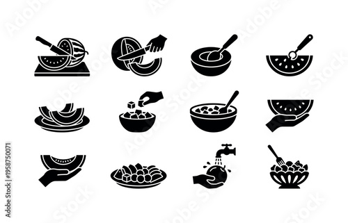 Collection of icons illustrating the process of preparing and serving fresh fruit salads