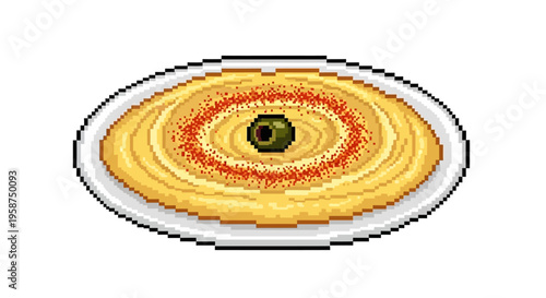 Pixel Art Hummus Dish with Olive and Paprika.