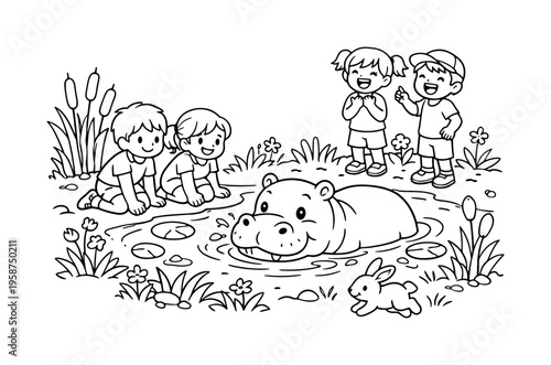 Hippopotamus bath scene with kids kneeling and observing a hippo in the water, friends laughing nearby, reeds, small plants,