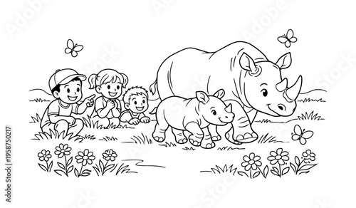 Children watching a rhino calf walking beside its mother, smiling and pointing, grassy savanna, flowers, and friendly butterflies